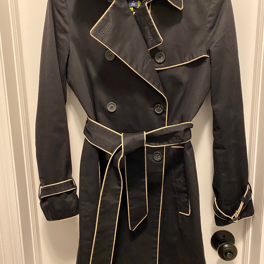 Gap Cotton Trench Coat Black W/Tan Piping XS
